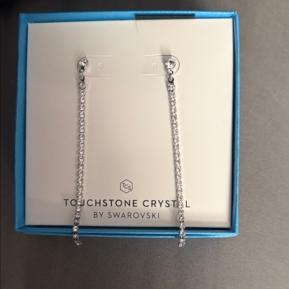 Touchstone Crystal Long Silver Crystal Chain Drop Earrings